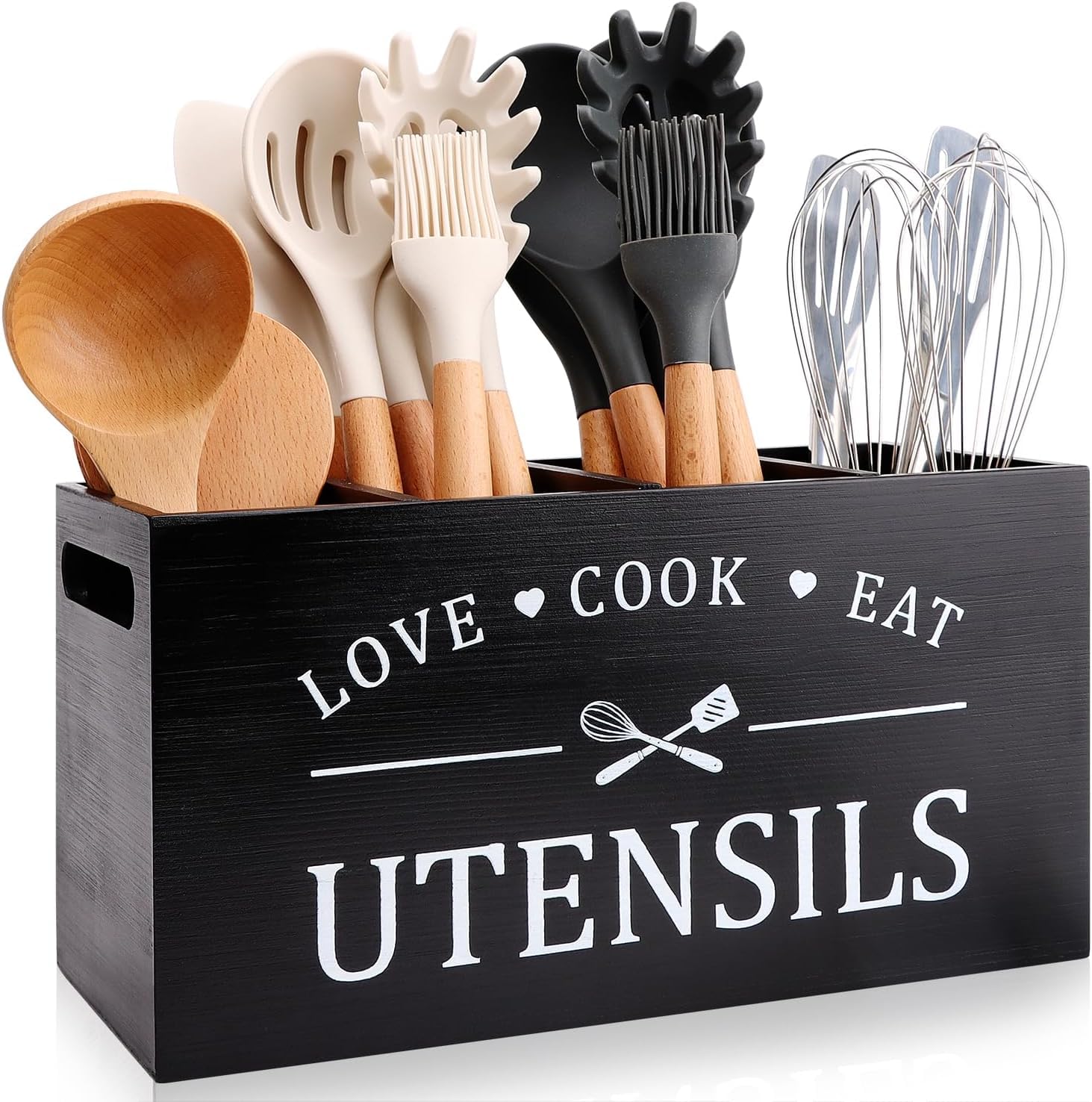 GIOTUK Wooden Kitchen Utensil Holder with 4 Compartments & Drainage, Farmhouse Cooking Utensils Caddy for Countertop, Removable Divider Cutlery Organizer Box (Black)