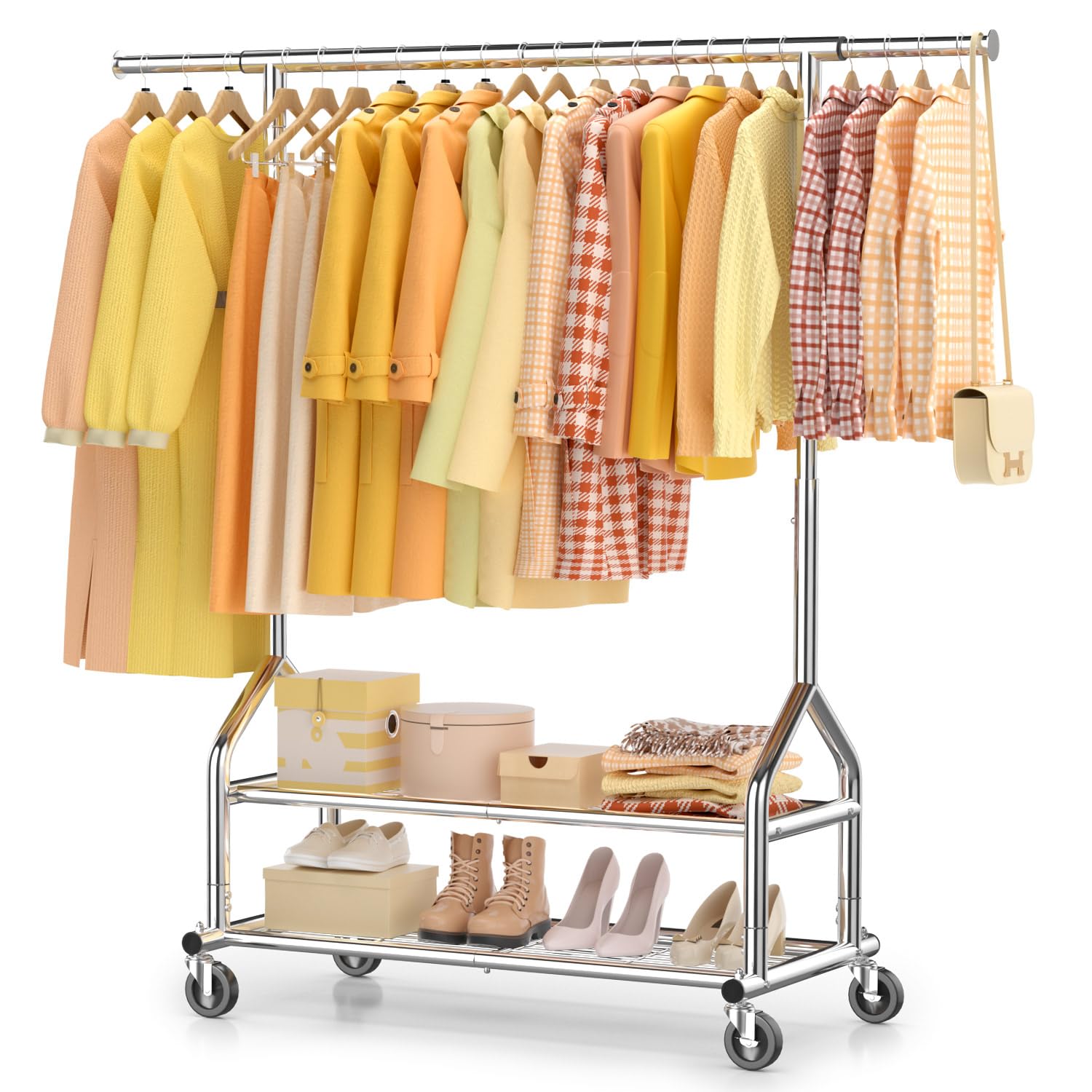 EAGMAK Heavy Duty Clothes Rail, Clothing Rail With Shelves Load 252 KG, Freestanding Hanging Rails for Clothes, Adjustable Metal Clothing Hanger with Wheels, Portable Coat Rack for Bedroom (Silver)