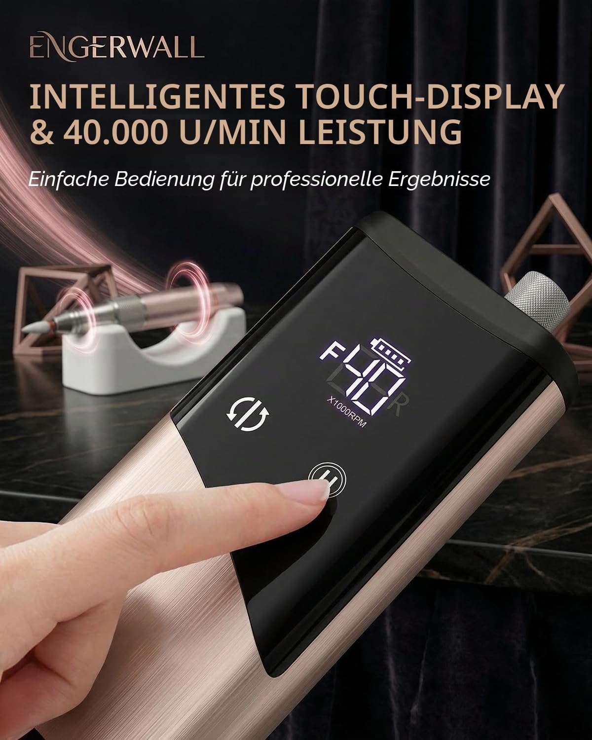 Elektrische Nagelfeile mit Bürstenlosem Motor, 40000 U/min | Bürstenlosem Motor, 40000 U/min, bis zu 20+h Akku, Kabellose, LCD-Touch-Display, Aluminiumlegierung, Gebürstetes Roségold