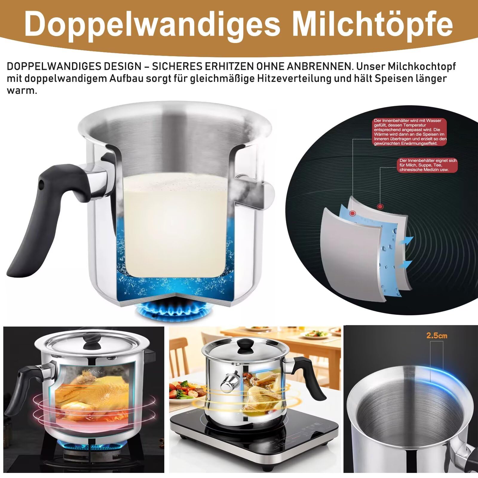 1L Milchtopf mit Deckel für Erhitzen Milch und Soßen, Simmertopf Milchtöpfe aus 304 Edelstahl,für Gas Elektro Induktion,Doppelwandig Kochtopf Wasserbad Schmelztopf