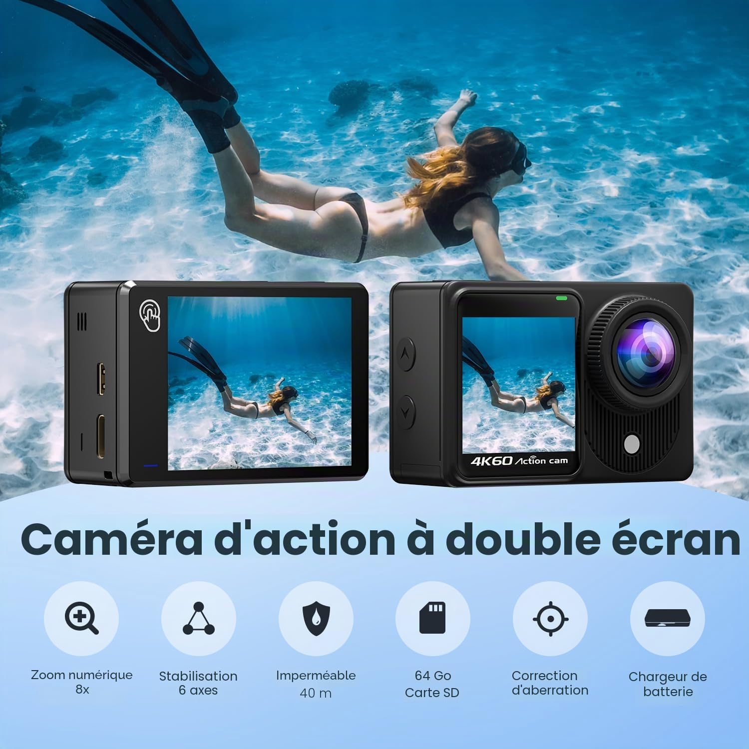 Dualscreen 4K60FPS Caméra Sport avec Carte 64G, Caméra sous-Marine 40M, CaméraWiFi à Écran Tactile 48MP avec EIS, Zoom 8X, Caméra d'action avec 2 Batteries 1350 mAh
