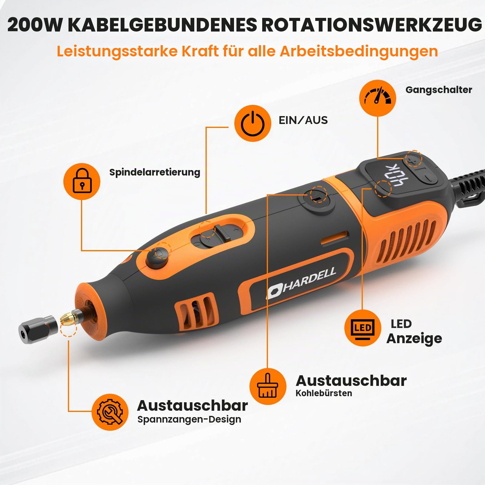 HARDELL 200W Corded Rotary Tool Kit with Fine Speed Control & Flex Shaft 8000-40000 RPM Digital Display, 155Pcs Accessories for Crafting, Cutting, Sanding, Polishing, Drilling, Carving, DIY Projects