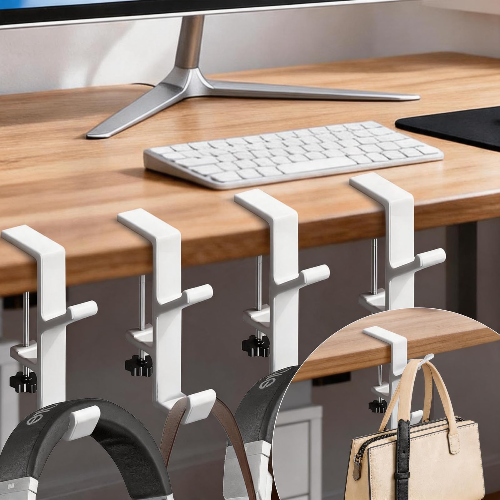 Desk Mount Bag Holder Hook Clamp,On Backpack Hanger Portable Desk Mount Headphones Holder for Reduce Desk Clutter Table Desk Table Hanging Storage (4 Pcs-Double Hook White)-image-4