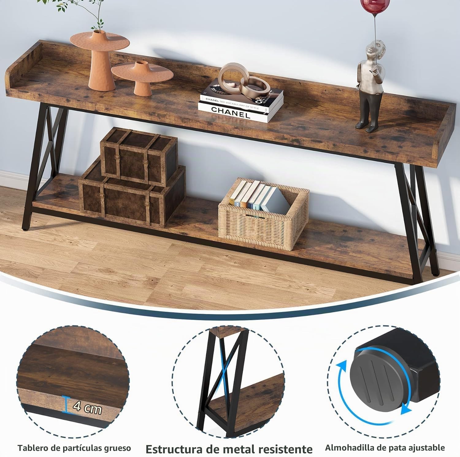 Lailang 180cm Mesa de Entrada, Mueble Recibidor Entrada, Consola de Entrada, Mesa Madera, Mesas Auxiliares Salon, Mueble Pasillo Estrecho, 180 x 46 x 20 cm, Marrón Rústico