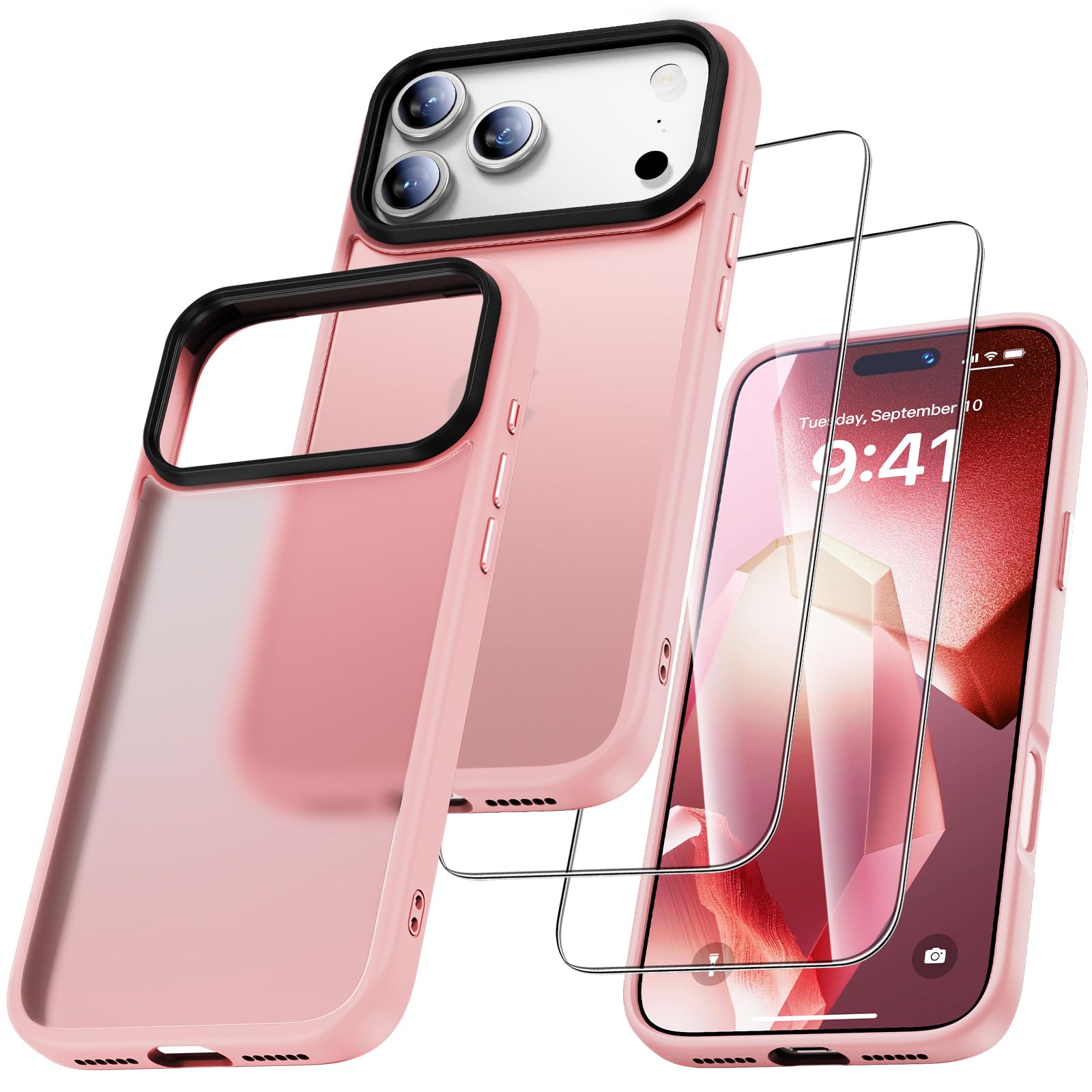 UniqueMe für iPhone 17 Pro Hülle - Handyhülle für iPhone 17 Pro Case, Rundumschutz Hülle Set Schutzhülle Cover, 1 Handyhülle & 2 Schutzfolie - Matt Rosa