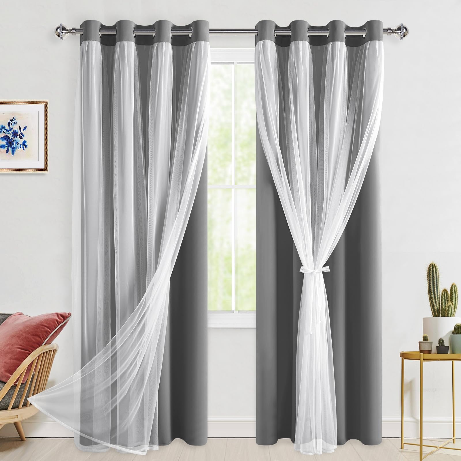 Cortinas opacas grises anti luz con ojales y capa traslúcida para dormir mejor