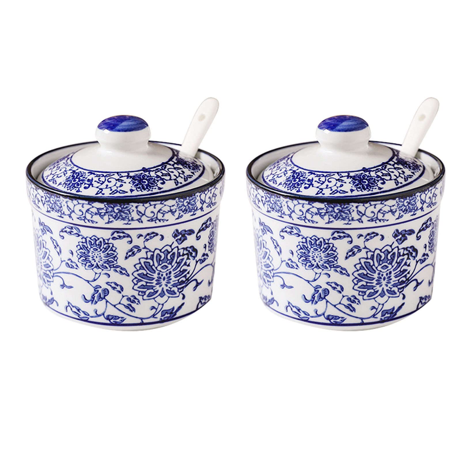 Vaso per la conservazione del sale in ceramica, Zuccheriera cinese in porcellana bianca e blu con coperchio, zuccheriera in porcellana con cucchiaio, piccola saliera, for bar, ristorante-blu e bianco-