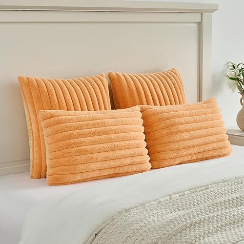 Miniatura 5 de FUTEI - Juego de 2 fundas de almohada decorativas con rayas de color naranja, 22 x 22 pulgadas, cuadradas y primaverales, piel sintética de conejo