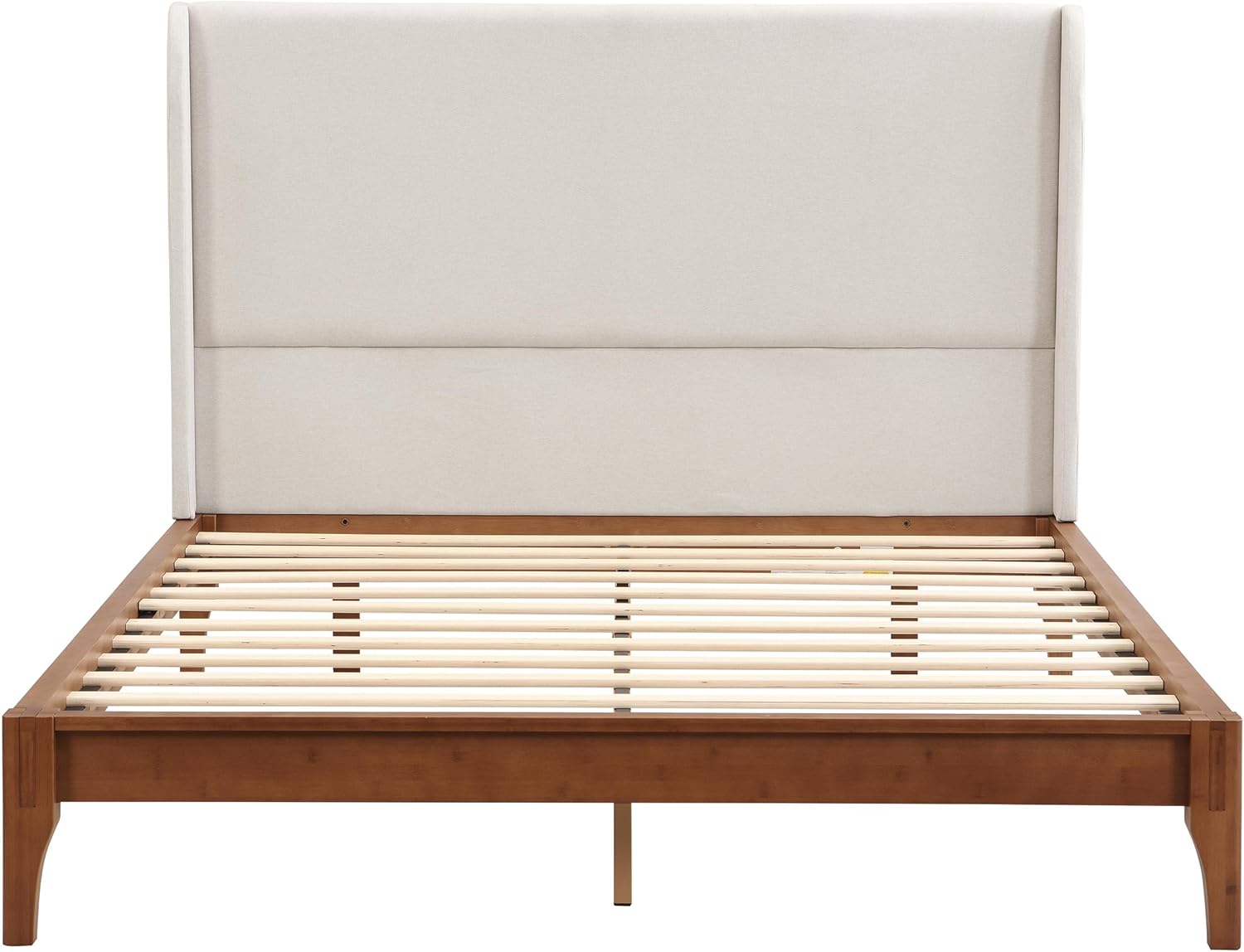 Image showing the Polibi King size bed with its upholstered wingback headboard and bamboo wood frame.