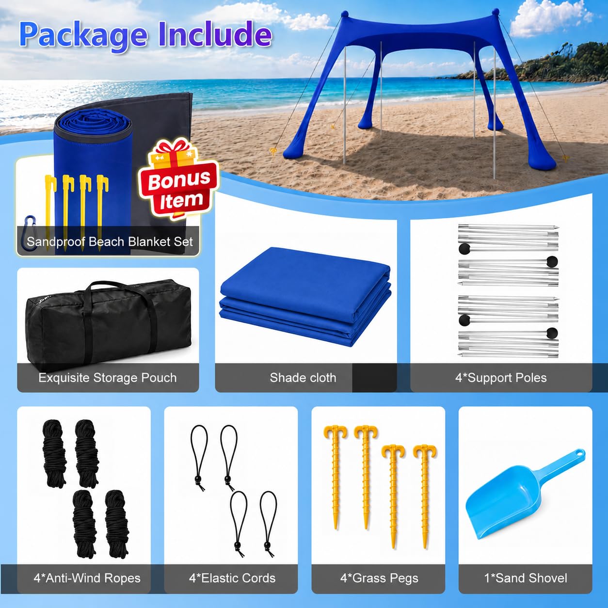 Tienda de Playa UPF50+ con Esterilla, Toldo Solar Antiviento Portátil | Refugio con Anclajes de Arena y Barras de Aluminio, Fácil Montaje para Camping, Playa y Picnic, 10x10FT Azul Oscuro