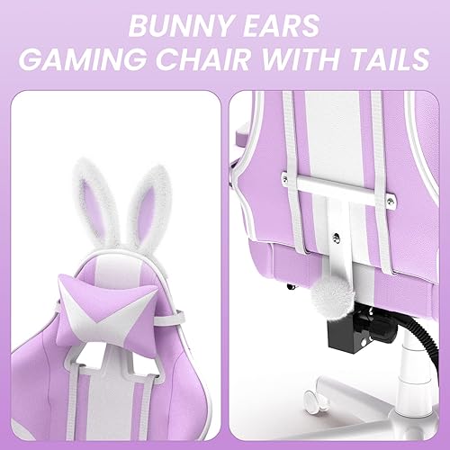 Miniatura 13 de Ferghana Kawaii Bunny Ears - Silla de juegos con reposapiés y masaje, sillas ergonómicas de cuero para niñas, adultos, adolescentes y niños, color