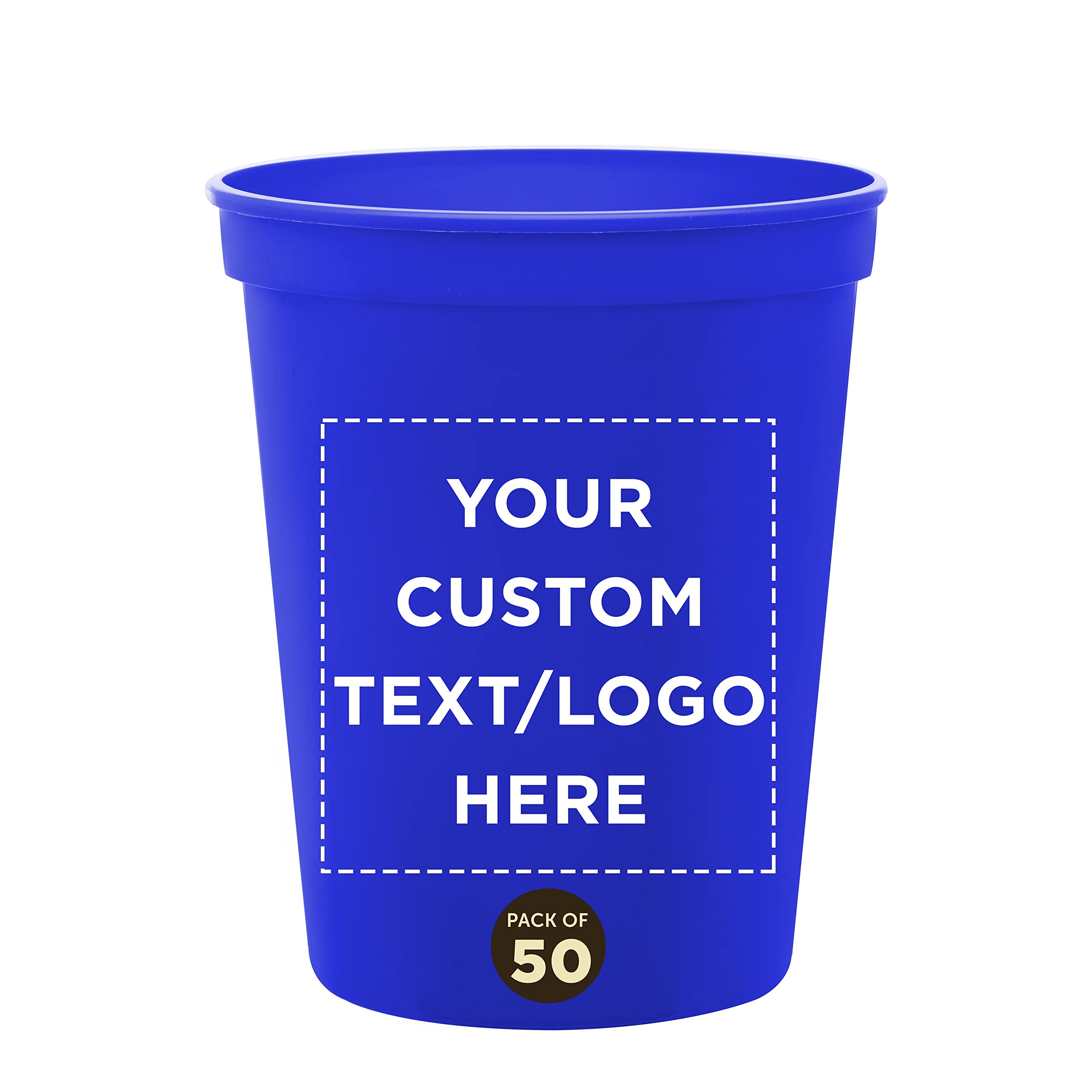 DISCOUNT PROMOS Custom Plastic Stadium Cups 16 oz. Set of 50, Personalized Bulk Pack - Perfect for Birthdays, Weddings, Picnic, Beach, Parties - Blue