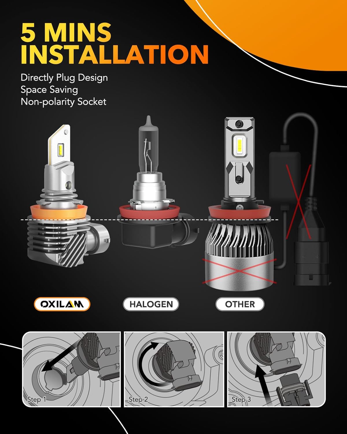 OXILAM Q10 H11/H8/H9 Led Bulb, 20000LM 400% Bright, 6000K White Full Illumination Fanless Light, 1:1 Wireless Plug & Play, IP67, Pack of 2