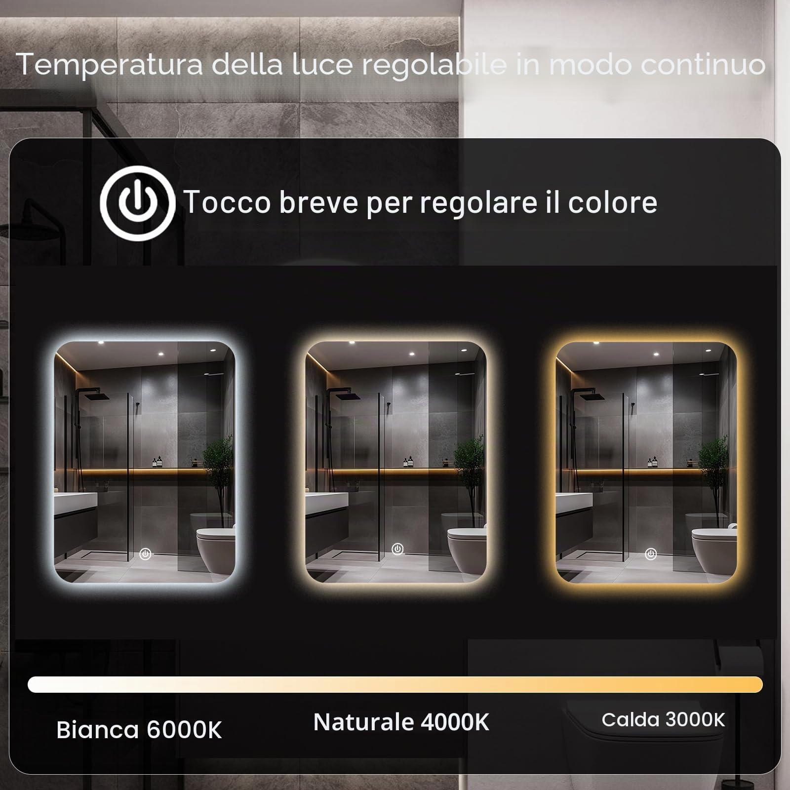 Specchio da bagno a LED per sopra il lavandino, 45 x 60 cm, specchio da bagno elettrico con luci retroilluminate per doccia e rasatura, montaggio a parete, dimmerabile, illuminazione a 3