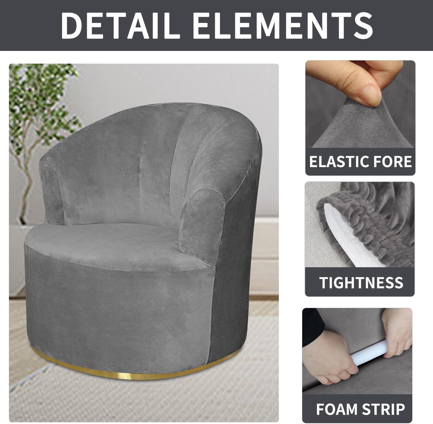 Velvet Swivel Barrel Chair slipcover, Soft Solid Swivel Accent Chair,Modern Barrel Chair Slipcover, Round Club Armchair Cover (Grey)
