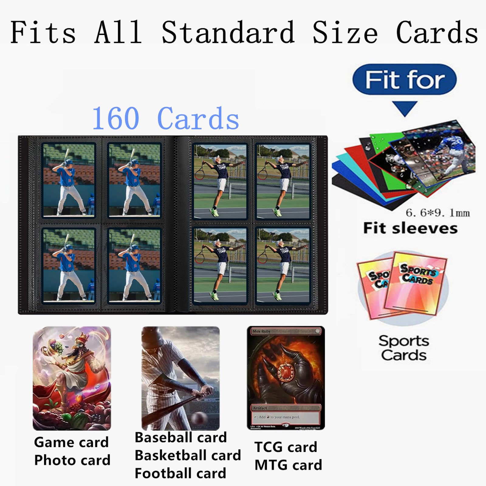 Carpeta de tarjetas coleccionables de 4 bolsillos, álbum de tarjetas pequeño con páginas impermeables de polipropileno, capacidad para 160 tarjetas estándar, para almacenamiento de tarjetas deportivas