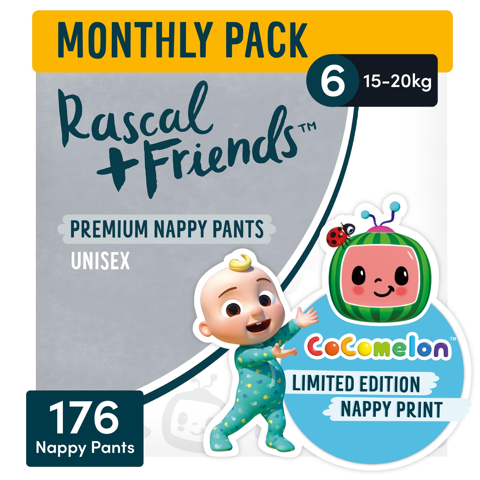 Rascal + Friends Premium Pants丨Size 6丨Total 176 Pants | Monthly Pack丨15-25kg丨Leak-Proof Protection丨AirSpun™ Softness for Our Best Comfort & Protection