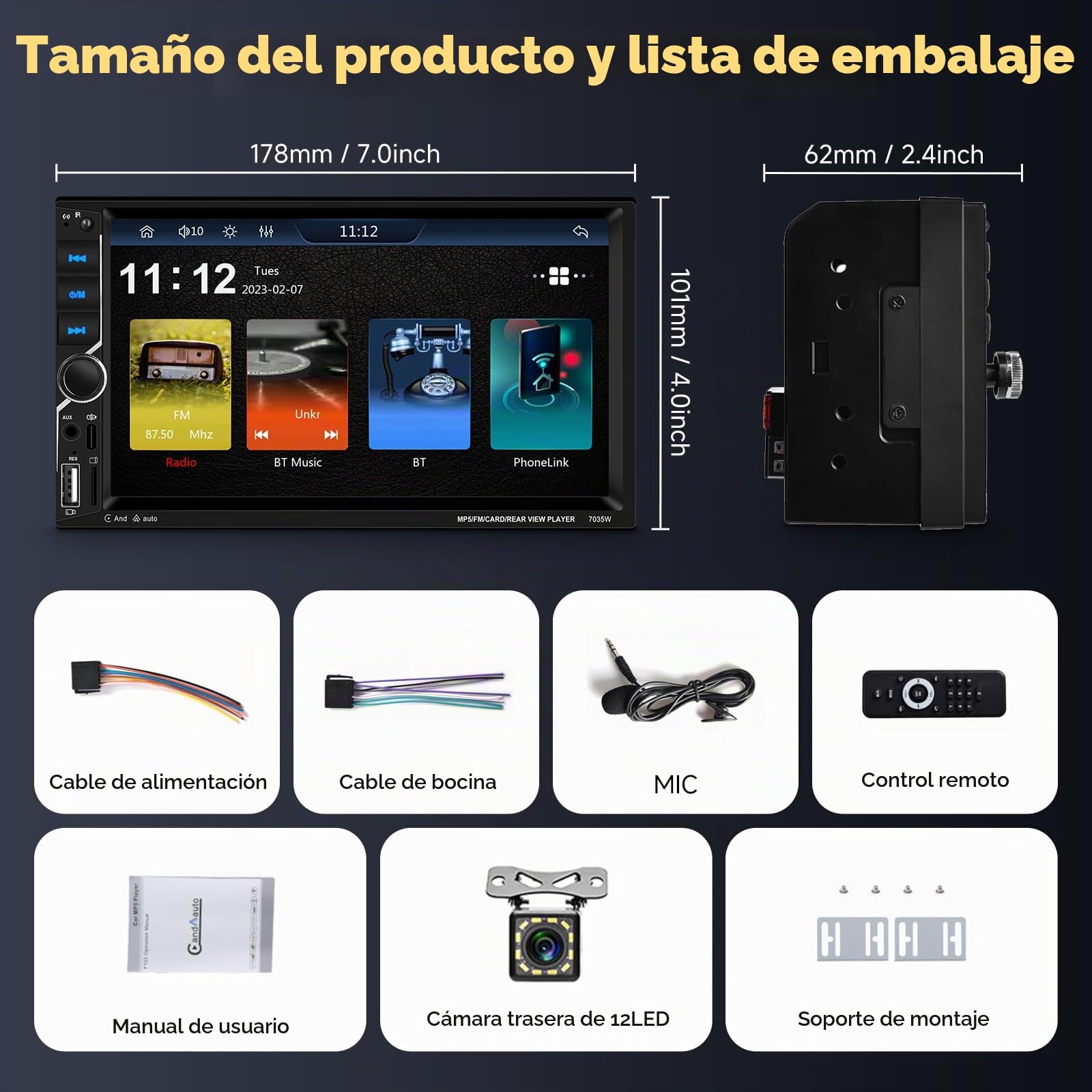 Hodozzy Radio para Coche 2 DIN con CarPlay Inalambrica Android Auto, Estéreo Coche 2 DIN con Pantalla Táctil 7 Pulgadas con Bluetooth, Mirror Link, Reproductor Multimedia Radio FM, EQ USB/AUX, Cámara