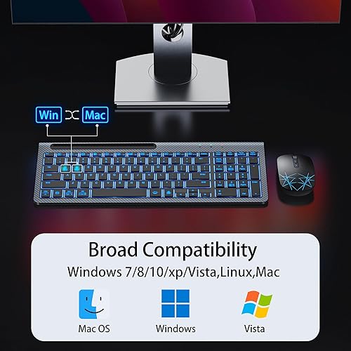 Miniatura 2 de Teclado y mouse inalámbricos, recargable, retroiluminación ajustable de 7 colores, ergonómico, silencioso, con soporte para teléfono, conexión