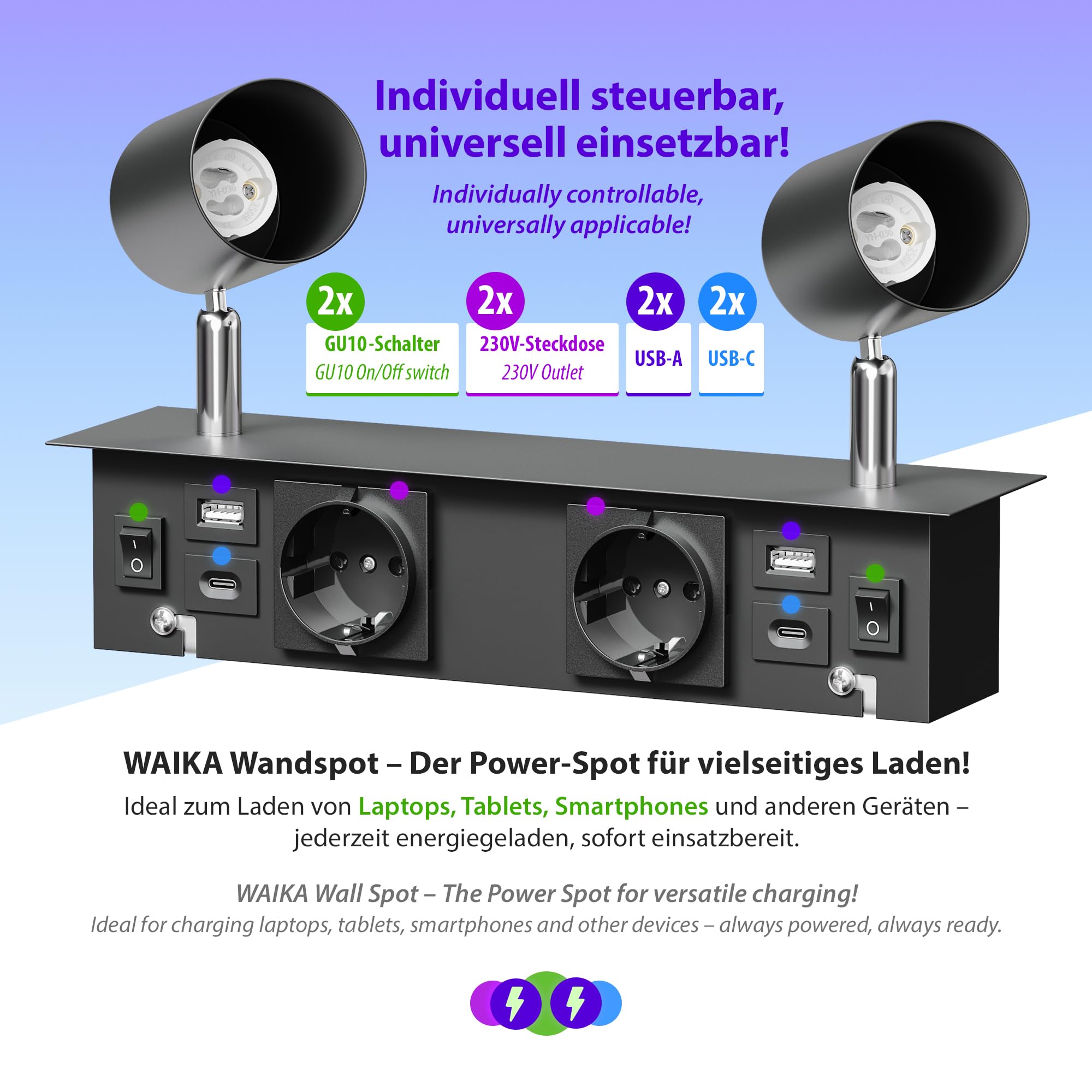 ledscom.de Wandspot WAIKA, 2-flammig, schwarz, Steckdosen, USB-C, USB-A, inkl. LED GU10 Lampen, 3-Stufen-Dimmer, je 374lm, 70°, warmweiß