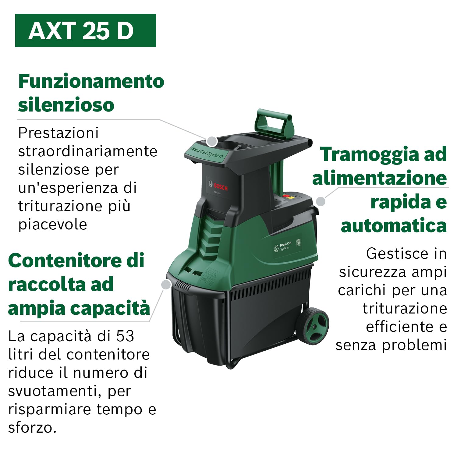 Bosch Biotrituratore silenzioso AXT 25 D (2500 W; idoneo per legno resistente e arbusti spinosi; cesto di raccolta integrato da 53 l; in confezione di cartone)