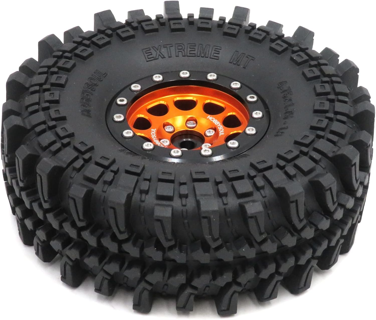 HOBBYSOUL 4pcs RC 1.9 Mud Terrain Tires Super Grip Soft Crawler Truck Tyre 121mm/4.75inch & Aluminium 1.9 Beadlock Wheel Rim Hex 12mm Orange/Black Color, (pre-Mounted)