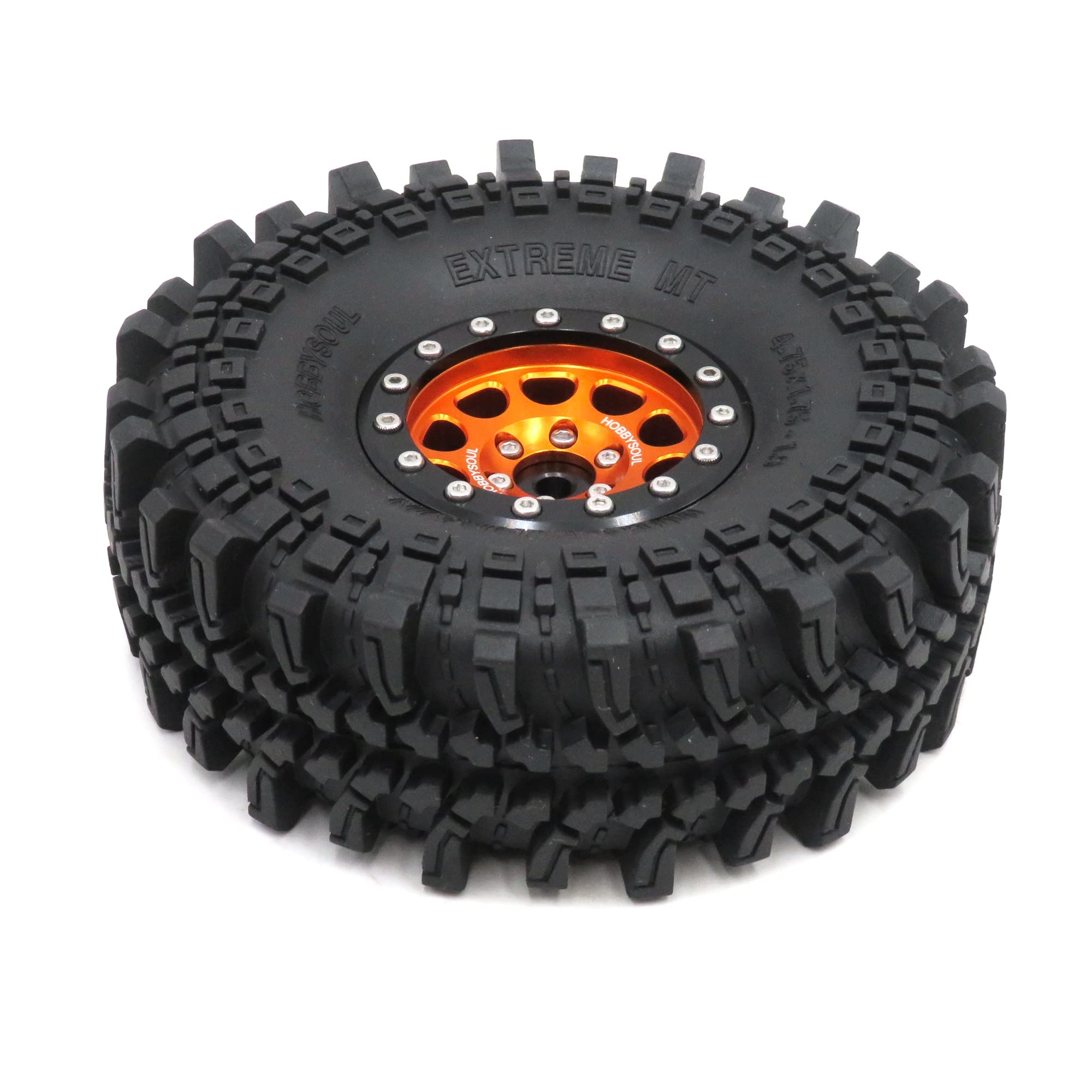 HOBBYSOUL 4 Stück RC 1,9 Schlamm Geländereifen Super Grip Soft Crawler LKW Reifen 121mm/4,75 Zoll & Aluminium 1,9 Beadlock Radfelge Sechskant 12mm Orange/Schwarz, (vormontiert)