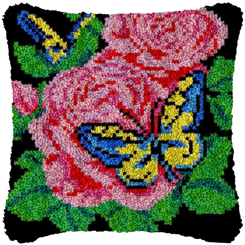 Latch Hook Kit for Adults & Kids, Complete DIY Cushion Making Craft Kits with Yarn & Canvas and Crochet Needle, Latch Hook Pillow Cover Adult Craft Kits for Women - Butterflies And Roses 43x43cm