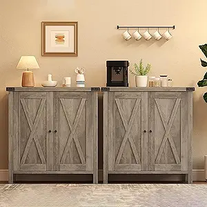 GarveeHome Small Storage Cabinet, Farmhouse Sideboard Buffet Cabinet with 2 Doors and Adjustable Shelves, Accent Entryway Console Cabinets for Living Room, Dining Room (Rustic Gray, 2 Pieces)