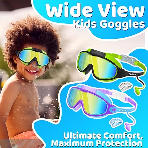 Miniatura 2 de Vvinca Gafas de natación para niños, con tapones para los oídos y clip para la nariz, visión amplia, antivaho y UV, para niños y niñas de 3 a 15