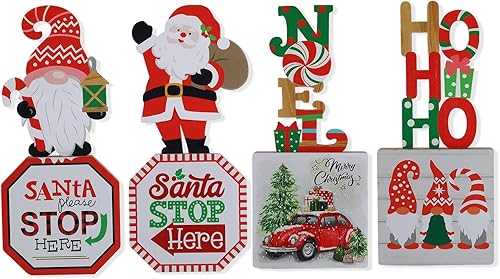 Aovdy Decoraciones navideñas de mesa para interiores, 4 bandejas escalonadas de madera decorativas para vacaciones, decoración rústica única para el