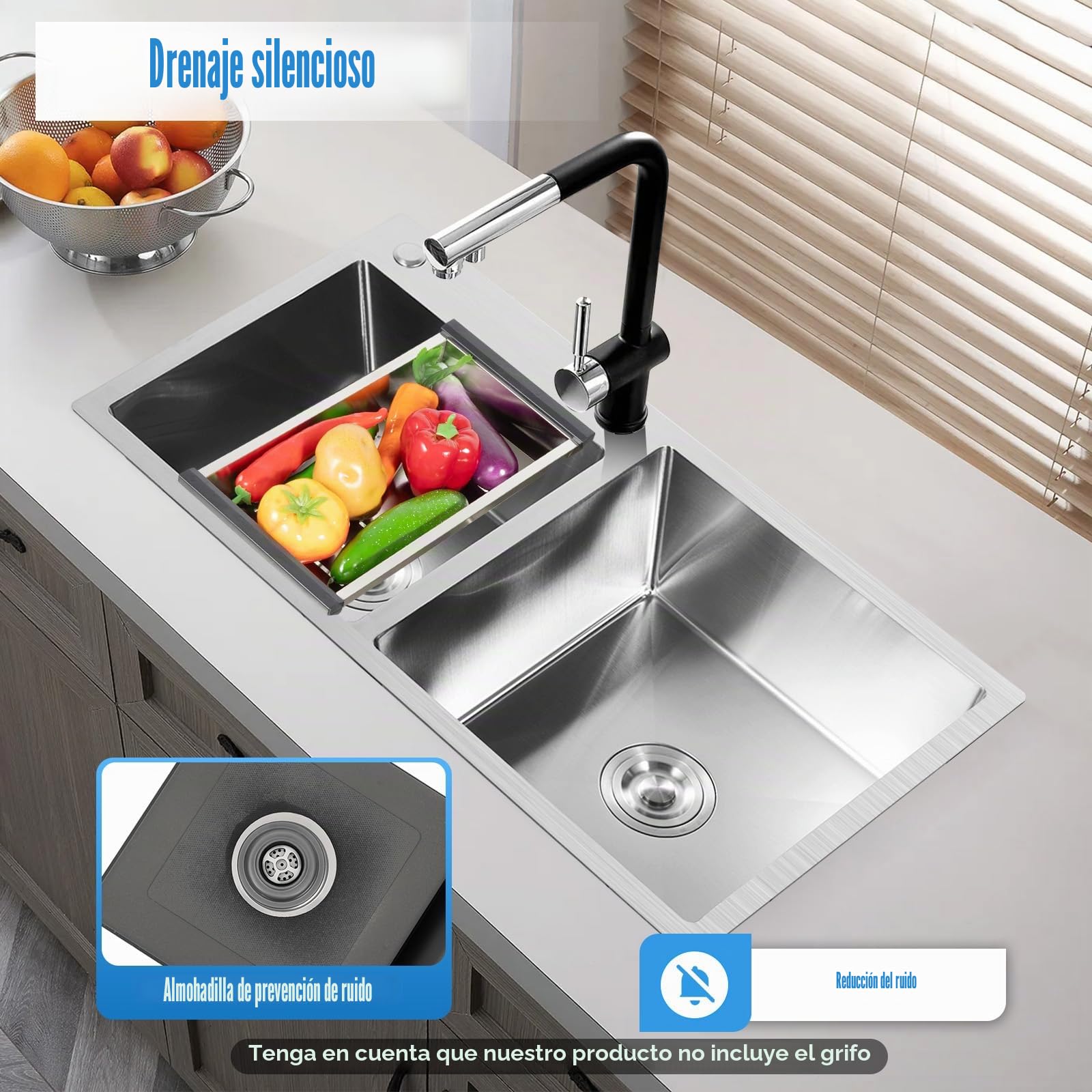Fregadero empotrado, de acero inoxidable, doble fregadero, cocina con drenaje, fregadero doble, fregadero de cocina, 2 cuencos, 78 x 43 x 21 cm
