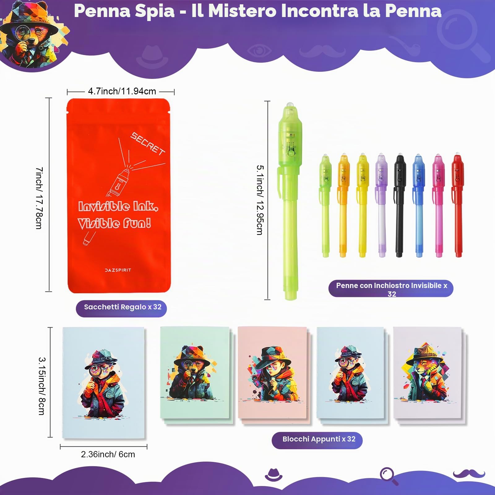 DazSpirit 32pcs Penna Inchiostro Invisibile e Taccuino, Tema Investigativo Penna Invisibile con Luce Gadget Compleanno Bambini, Penne Invisibili per Scrivere Messaggi Segreti (DB0002)