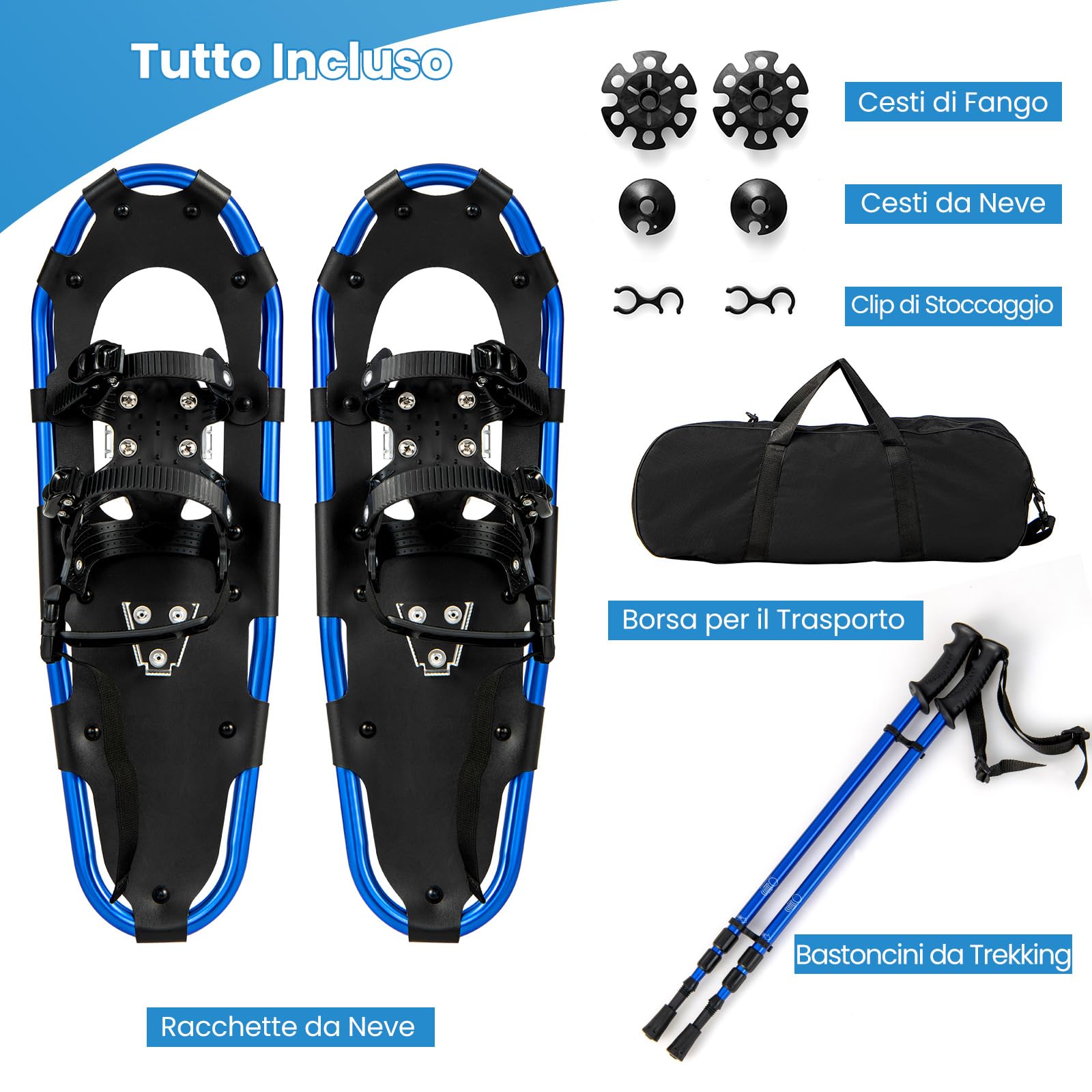 GYMAX Set Ciaspole da Neve, Racchette da Neve in Leghe di Alluminio con Bastoni da Trekking Regolabile e Borsa Impermeabile, Ideali per Donne Uomini e Bambini, Gamma di Peso 30-130 kg