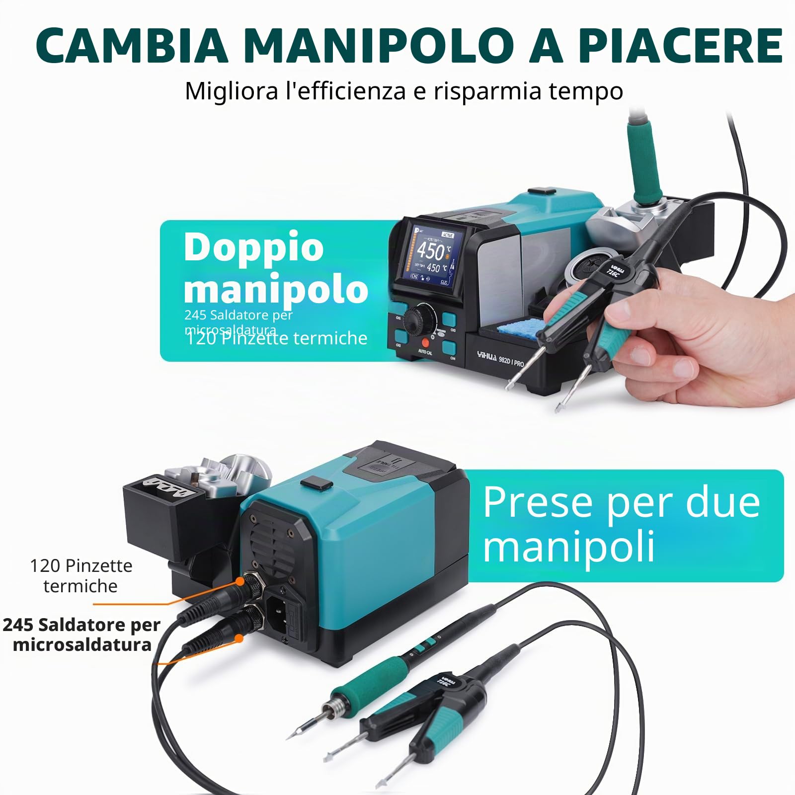 YIHUA 982D-I PRO Stazione di Saldatura 2-in-1 con Microsaldatore di Precisione, Pinzette Calde, 10 Cartucce a Punta, Interfacce Operative Individuali, Doppio Supporto, 4 Canali Preimpostati (EU Plug)
