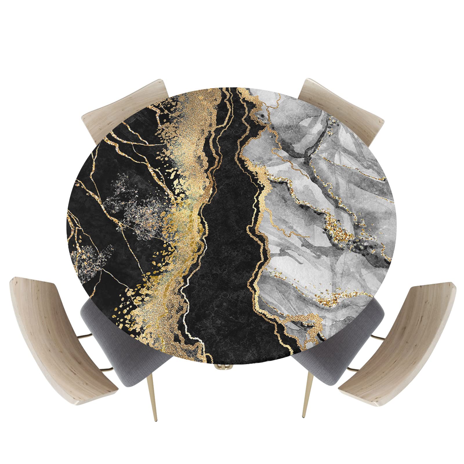Grey Black Marble Round Table Cloth Fitted Tablecloth,Gold Foil Table Cover with Elastic Edge Waterproof Table Cloth,Golden Crack Circle Table Covers for Kitchen Indoor Outdoor Picnic Party 36-44in