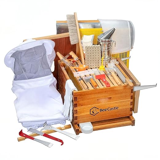 BeeCastle 10-Frame Bee Hives and Supplies Starter Kit,Beehive Kit Dipped in 100% Beeswax,Bee Keeping Supplies-All Beginners Kit Includes Beekeeping Supplies Tool Set and Bee Suit.