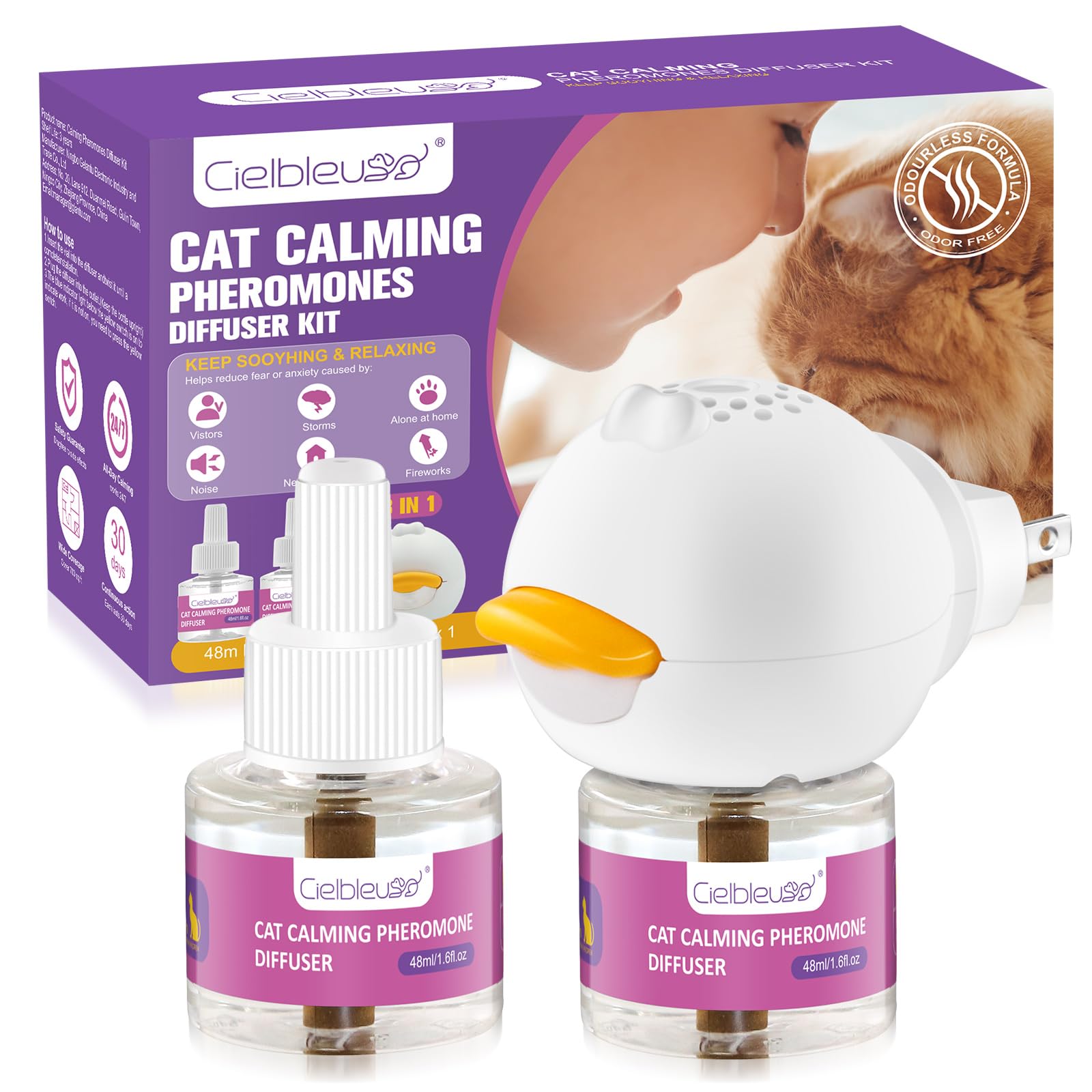 Cielbleu Diffuseur Pheromones Chat 60Jours Diffuseur Anti Stress Chat Aide à Réduire Les Griffades, Les Pipis et Les Miaulements (1 Diffuseurs + 2 Recharges 48 ML)