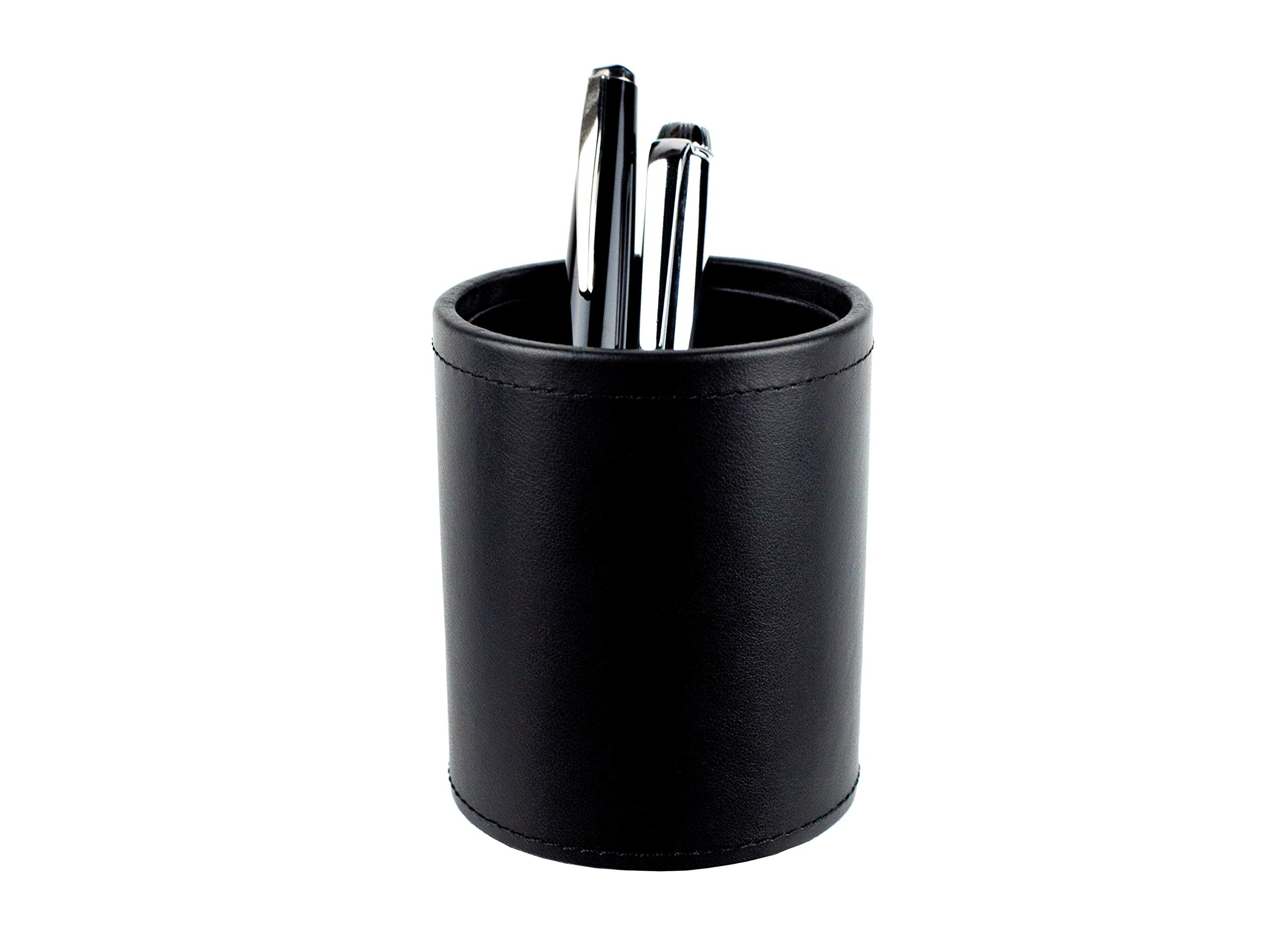 DELMON VARONE - Stifteköcher aus Premium Boxcalf Leder schwarz, Echtleder Stiftebecher mit PU Innenverkleidung und rutschfester Vliesunterseite, Eleganter Stiftehalter rund für Schreibtisch und Büro