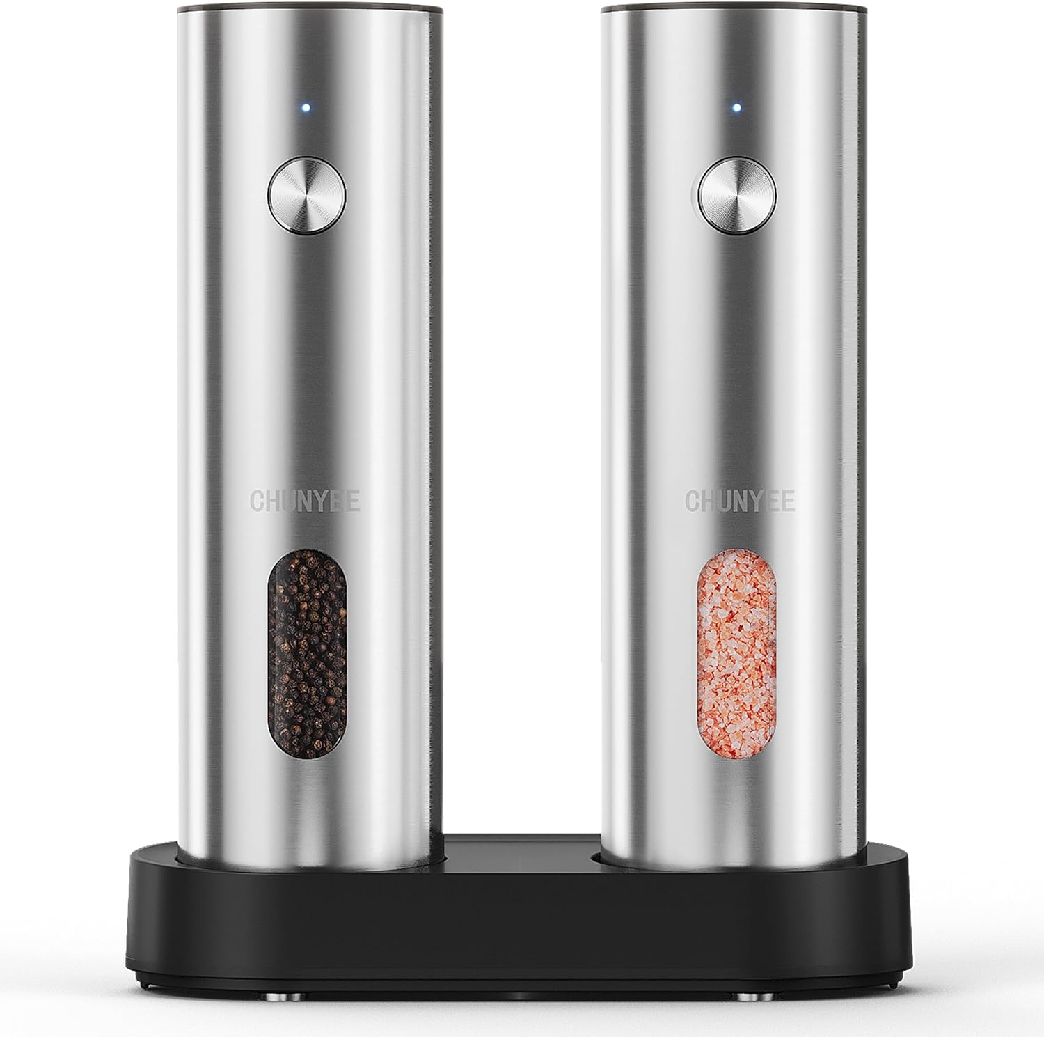 Electric Salt and Pepper Grinder Set with Rechargeable Base - Upgraded Large Capacity, Refillable Pepper Mill Set with LED Light & Adjustable Coarseness, Ideal for Kitchen, Outdoor, BBQ & Gift Giving Stainless Steel