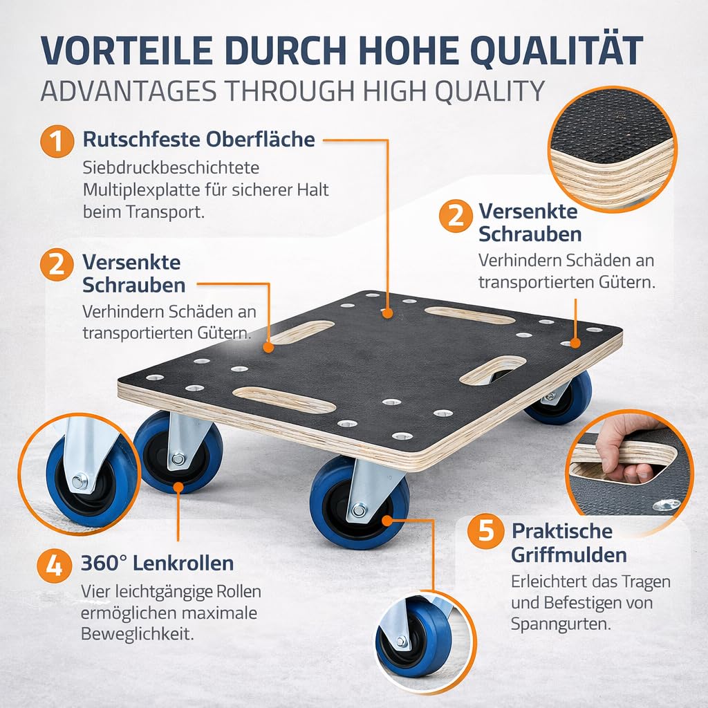 Möbelroller bis 800 kg Tragkraft - aus 18 mm Multiplex Holz mit Rutschfester Siebdruckplatte & 4 Lenkrollen - Transportroller Möbel Rollbrett für Umzug, Werkstatt & Lager (60x80 cm)