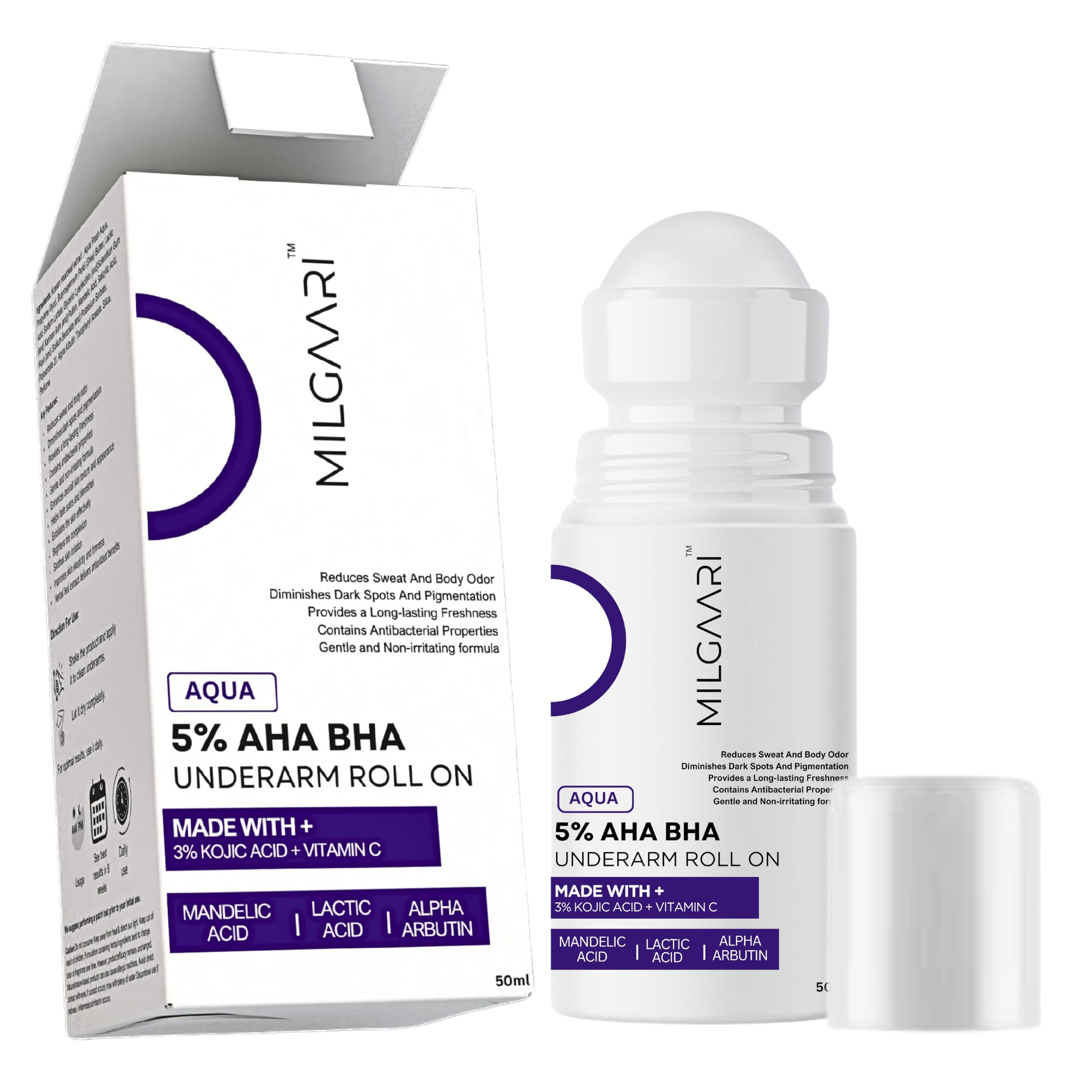 UnderArm Roll-On | 5% AHA BHA with Mandelic & Lactic Acid | 3% Kojic Acid + Alpha Arbutin & Vitamin C | Reduces Pigmentation, Fights Odor, Brightens Skin | Alcohol-Free Aqua Fragrance β 50ml