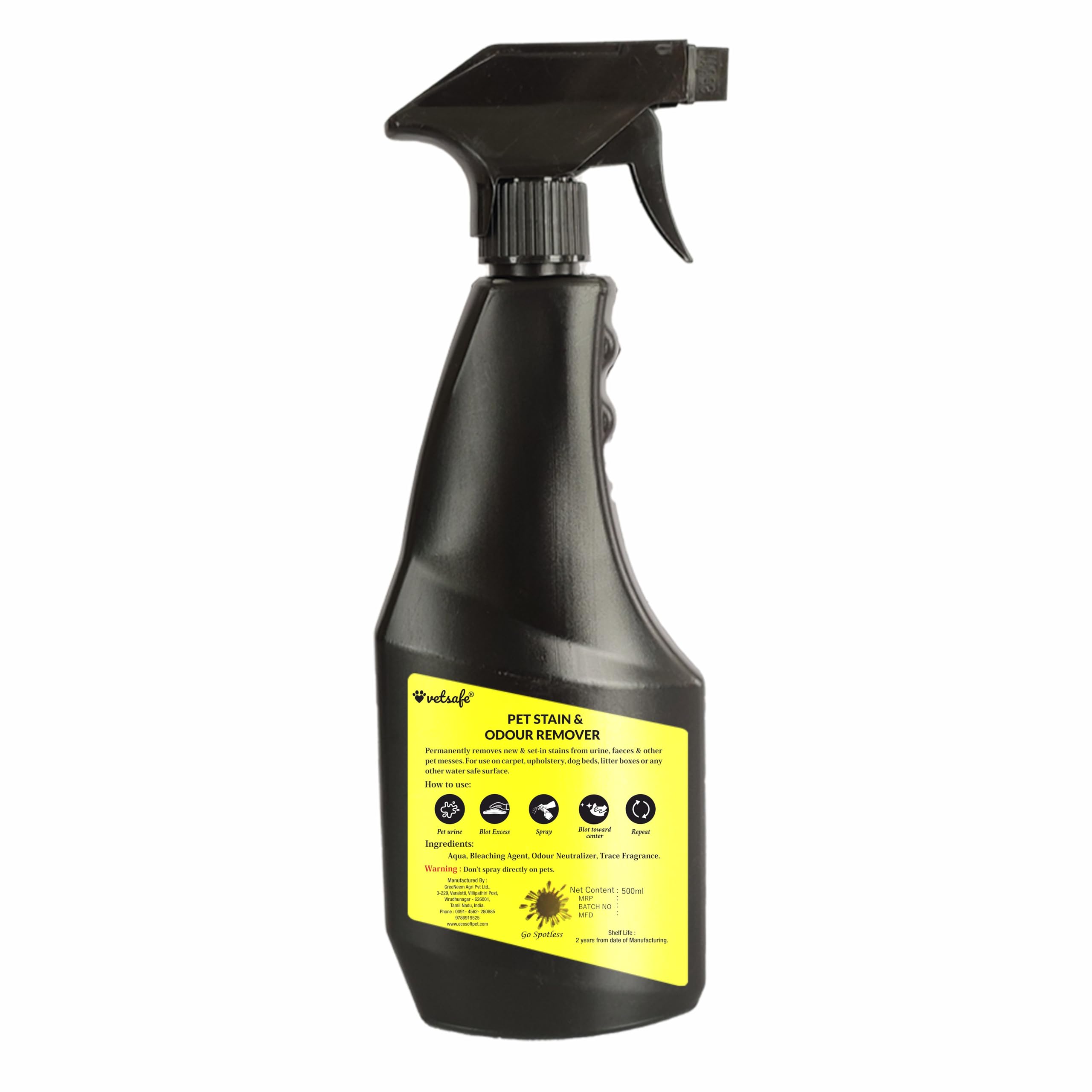 VetSafe Pet Stain & Odour Remover 500 ml | 3X Cleaning Power | Eliminates Tough Stains & Odours | Prevents Repeat Marking | Ideal for Feces, Urine, Vomit & Drool | Pet Area Cleaner