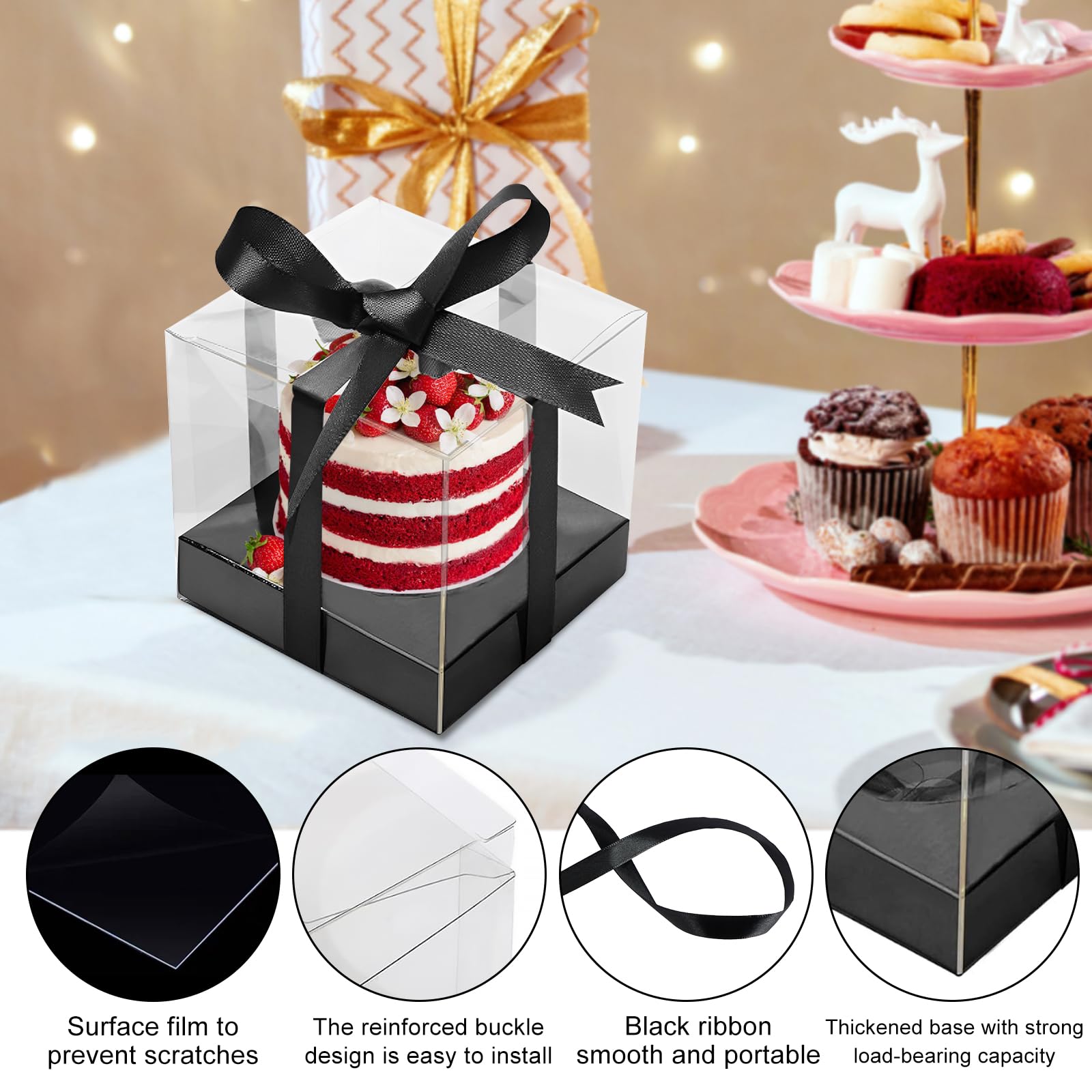 24 Pcs Clear Cupcake Boxes, Clear Plastic Single Cupcake Containers, Foldable Single Cupcake Holders with Inserts and Black Ribbon Multipurpose Cupcake Carrier for Cake Dessert, 3.5 x 3.5 x 3.5 in