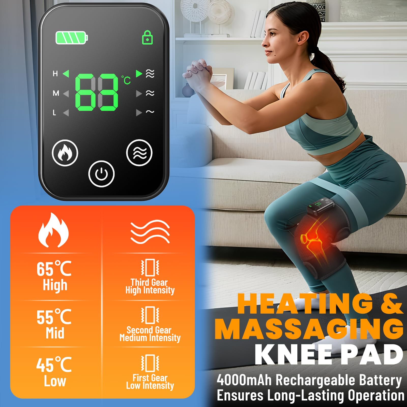 Masseur de genou pour soulager les douleurs articulaires 3 en 1 sans fil pour soulager la douleur, vibrations à 3 intensités avec contrôle de la température, genouillères adaptées pour les