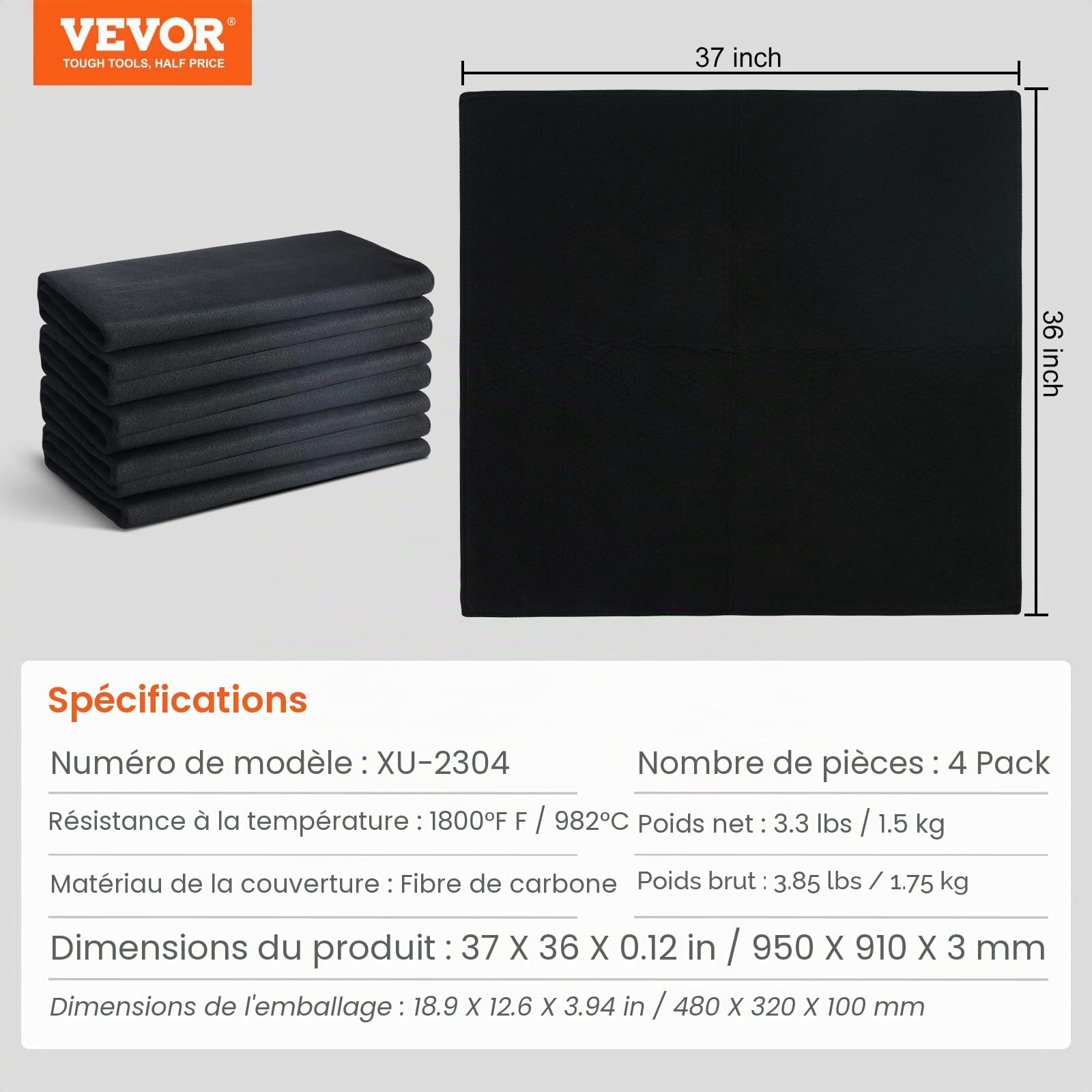 VEVOR Couverture de Soudage Ignifuge, Lot de 4 Couverture Anti-feu Fibre de Carbone 950x910 mm Résistante à la Chaleur 982 ℃ Tapis Isolant Découpable pour Protection Contre Étincelles, Éclaboussures