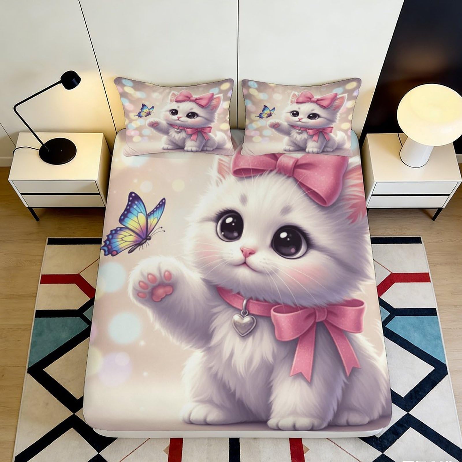 3D Printed Cute Cat Fitted Sheet Microfiber Soft Pink Bow Butterfly Mattress Cover for Bedroom Guestroom Dorm Easy Care 90x200x25cm
