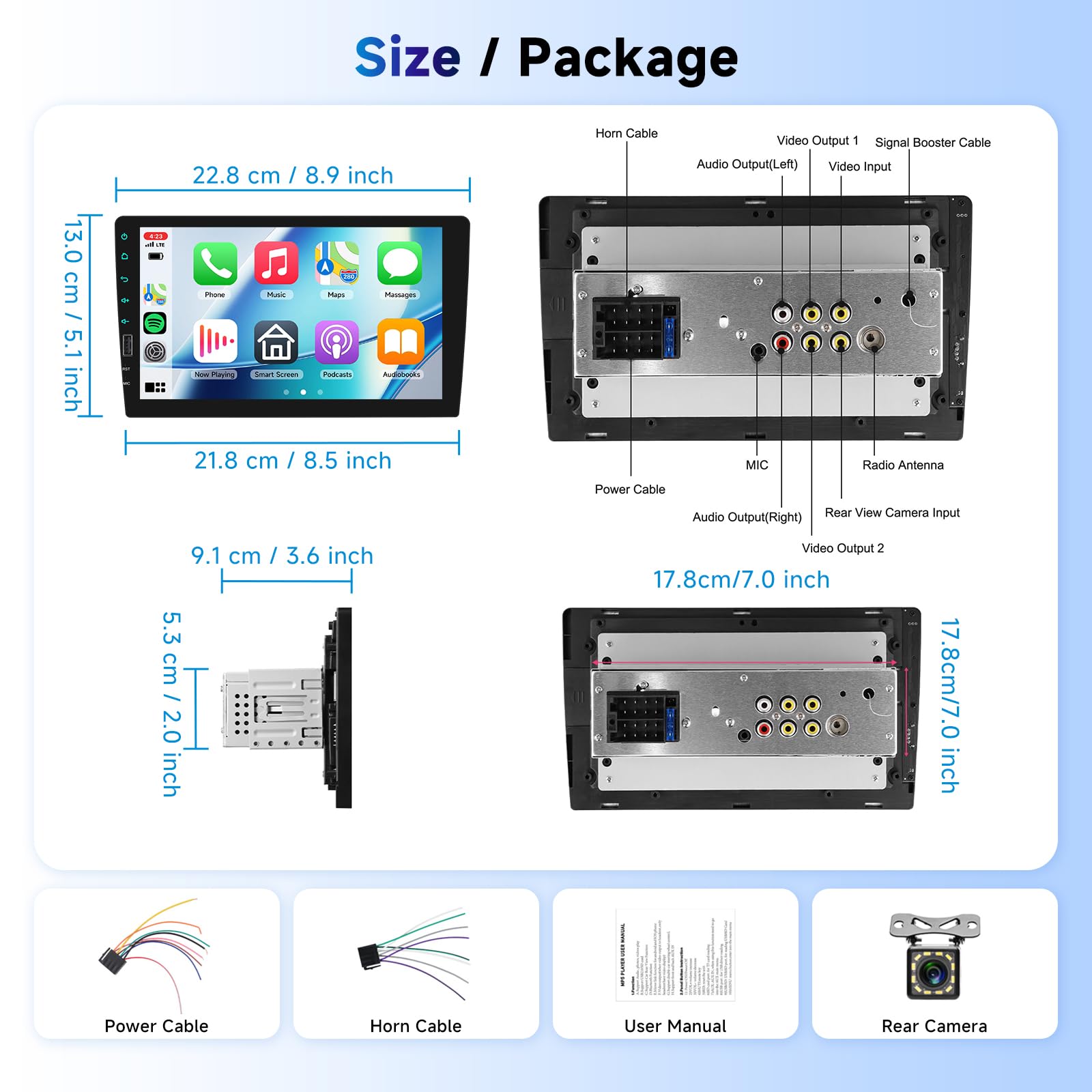 VECHTEL Autoradio 1 Din avec Carplay Android Auto sans Fil, 9 Pouces IPS HD Écran Tactile Poste Radio Voiture Soutien Bluetooth Radio AM/FM/RDS EQ USB Mirror Link SWC MIC Caméra de Recul