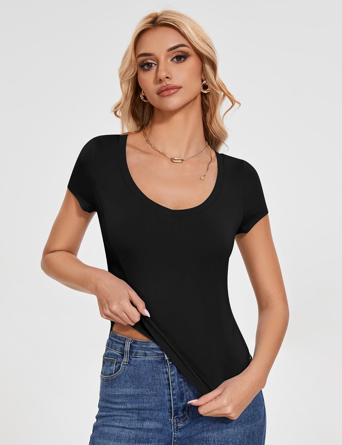 LUYAA Women's Deep V Neck Short Sleeve T Shirts Curved Hem Trendy Summer Going Out 1/2/3 Pack Tops XS-XL - Image 2