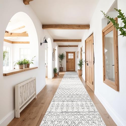 2'6'x12' Hallway Runner Rug: Moroccan Washable Bedroom Rugs Geometric Grey
